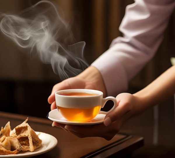 天津赛象酒店餐饮服务员，一杯热气腾腾的茶，一份贴心的服务