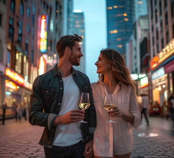 traversing the streets of a modern city with a glass of wine